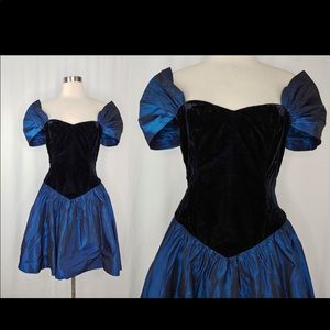 Vintage 80s Black Velvet and Iridescent Taffeta Short Prom Dress